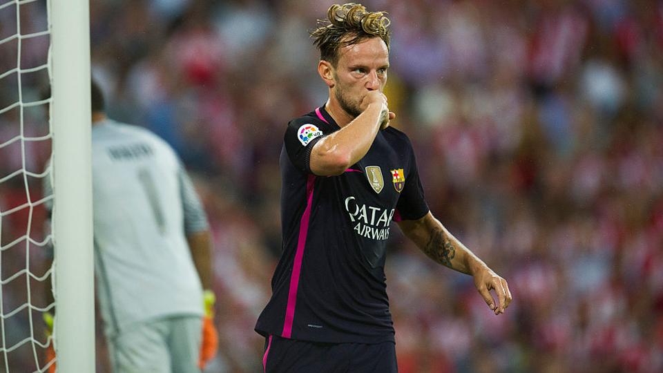 Aski selebrasi gelandang Barcelona, Ivan Rakitic setelah mencetak gol ke gawang Athletic Club de Bilbao. - INDOSPORT